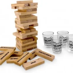 Qualix Drankspel - Jenga - Stapeltoren - Drunken / Tipsy Tower - Drinkspel - Gezelschapsspel - Incl 4 Glazen Shot Cups