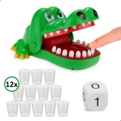 AWEMOZ Krokodil Met Kiespijn - Bijtende Krokodil Spel - 12 Plastic Shotglaasjes + Unieke Dobbelsteen - Drankspel - Drinking Game - Drank Spelletjes