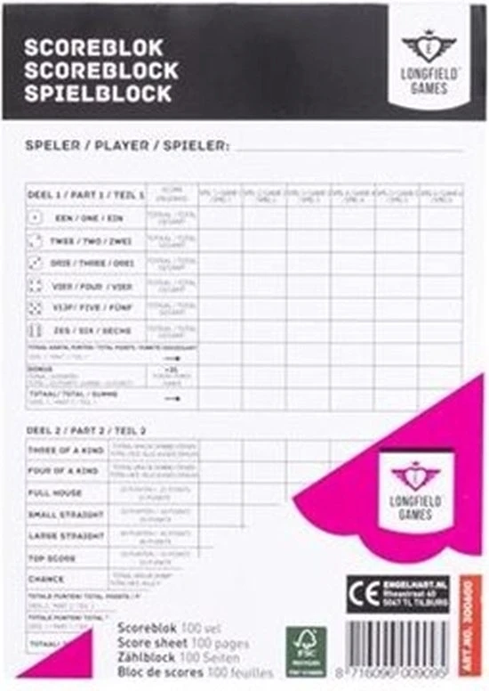 Longfield Yathzee Scoreblok 1 Stuks - 100 Pagina's 4 Longfield Yathzee Scoreblok 1 Stuks - 100 Pagina's - Afbeelding 4