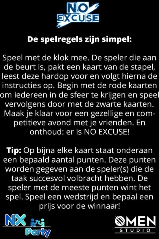 NX Party - NO EXCUSE - Drankspel - Nederlandstalig - Spelletjes Voor Volwassenen - Drank Spelletjes - Kaartspel 6 NX Party - NO EXCUSE - Drankspel - Nederlandstalig - Spelletjes Voor Volwassenen - Drank Spelletjes - Kaartspel - Afbeelding 6